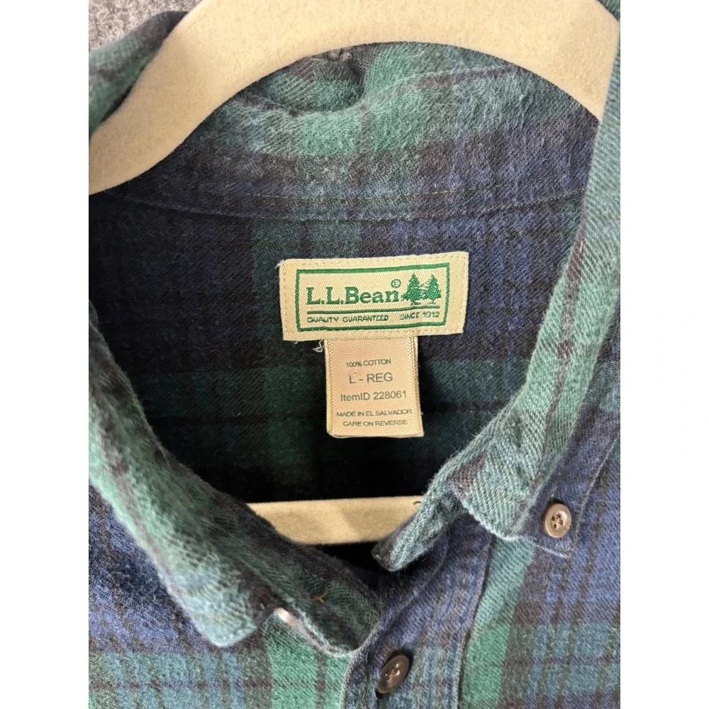 LL Bean Mens Flannel Shirt Large Green Navy Blue Plaid Cotton Heritage Outdoors - Picture 2 of 5